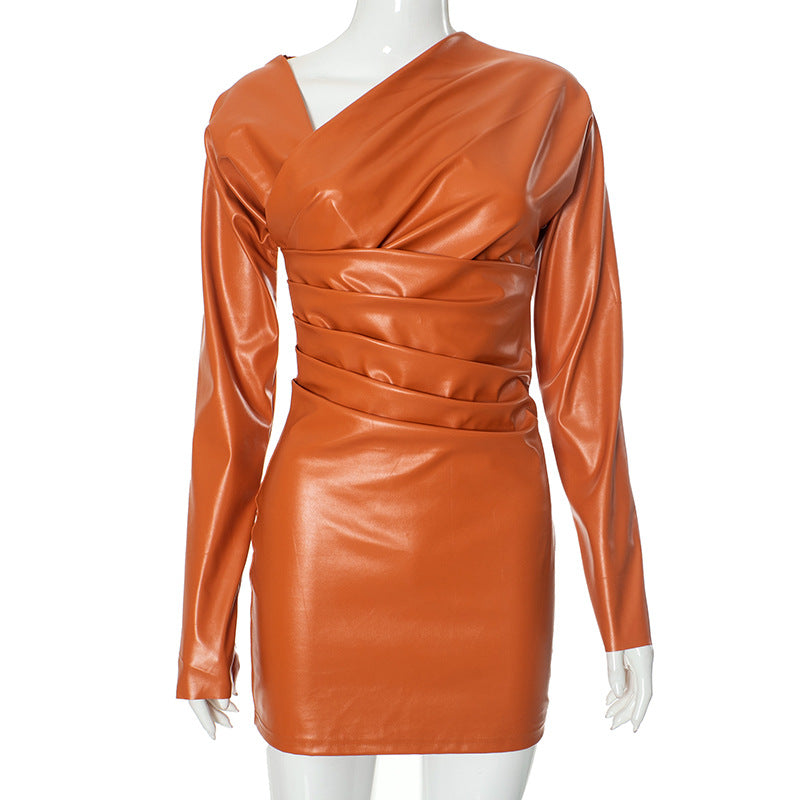 Asymmetric Neckline Long Sleeve Faux Leather Dress