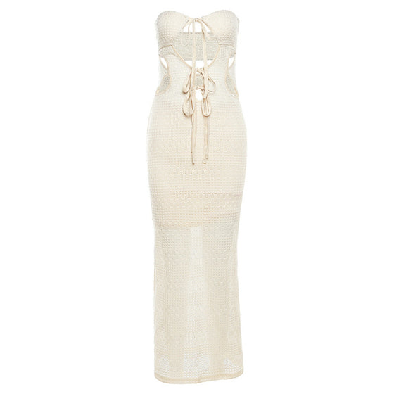 Tied Front Cut Out Strapless Knit Maxi Dress