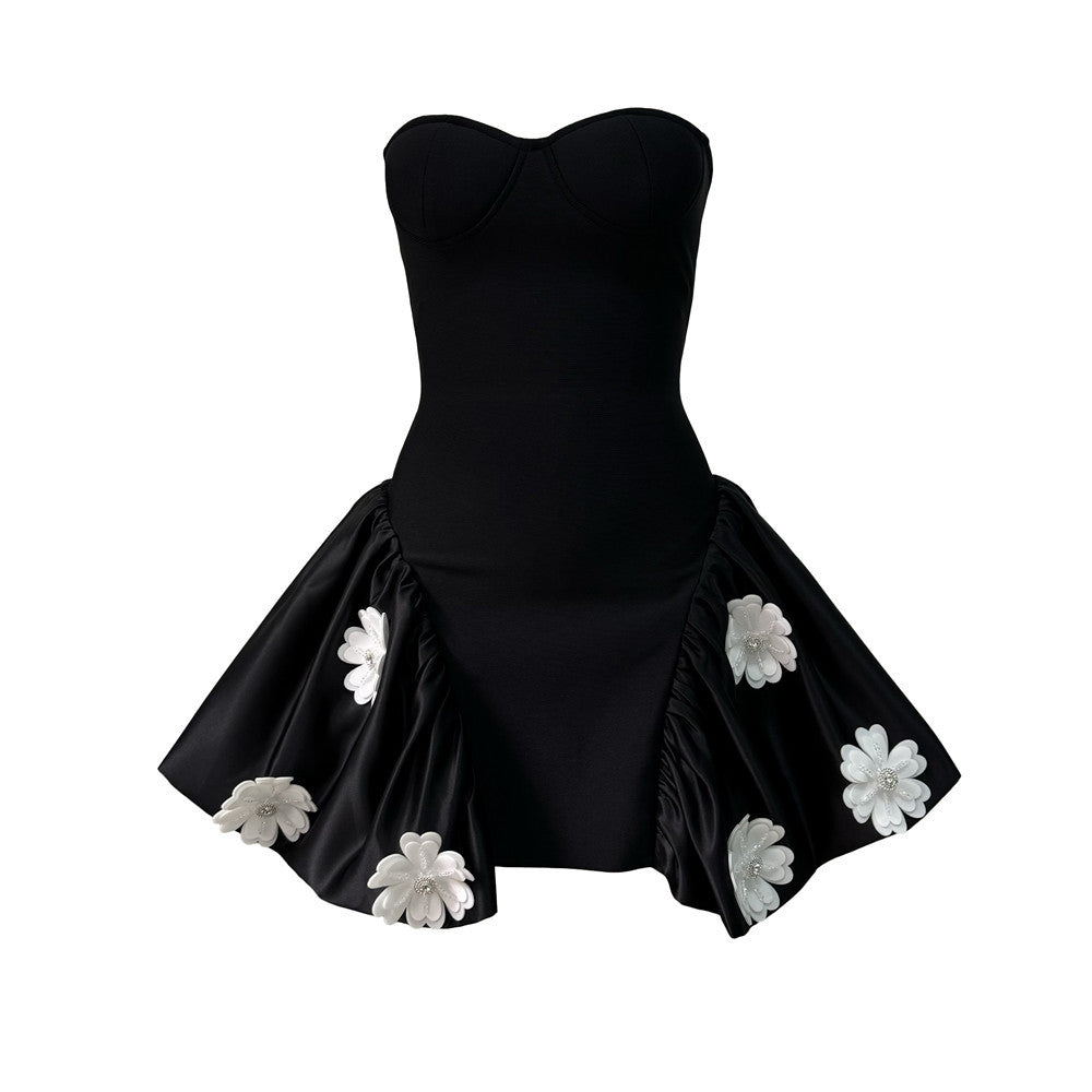 Asymmetric 3-D Flower Strapless Cocktail Dress