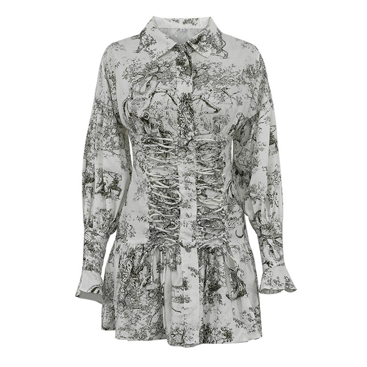 Vintage Print Ruched Long Sleeve Mini Dress