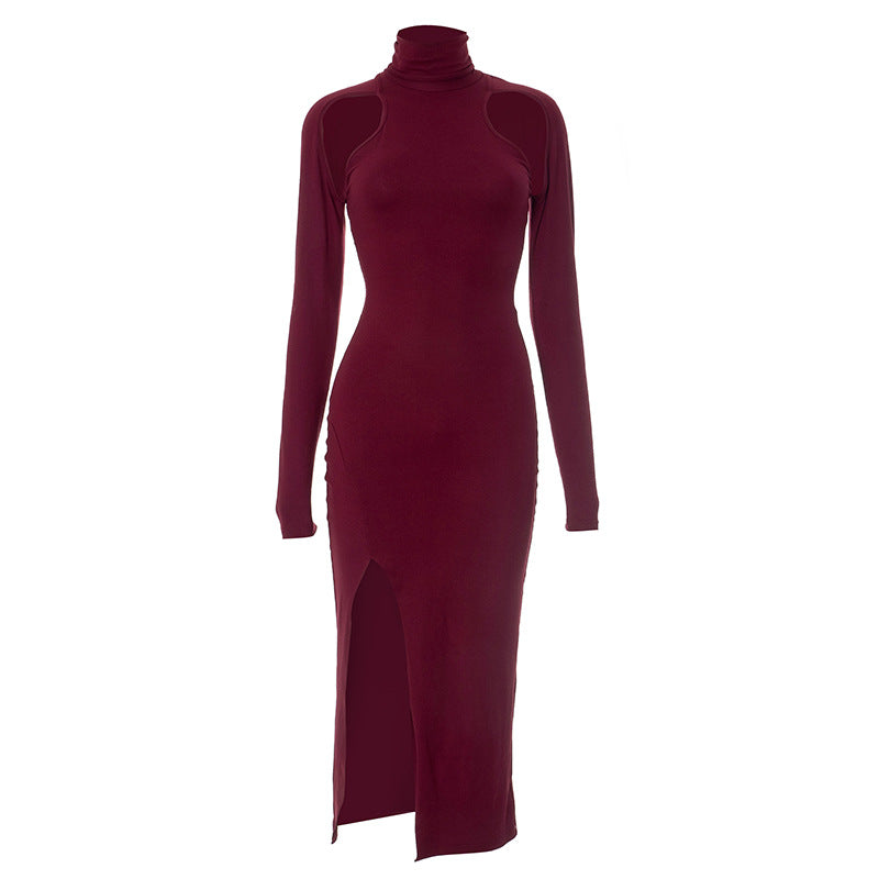 Cut Out Long Sleeve Turtleneck Midi Dress