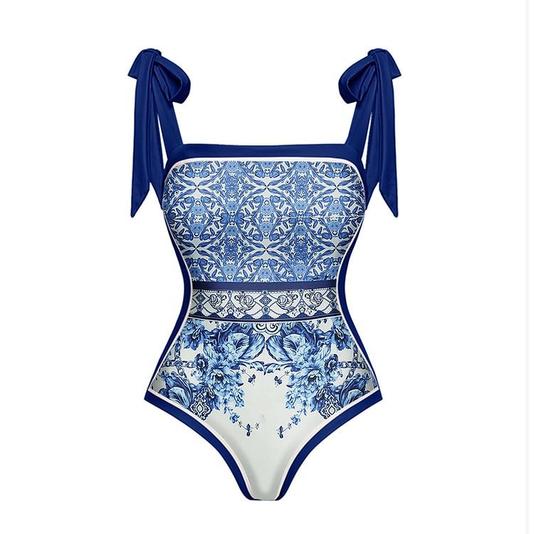 Porcelain Print One Piece Swimsuit and Skirt