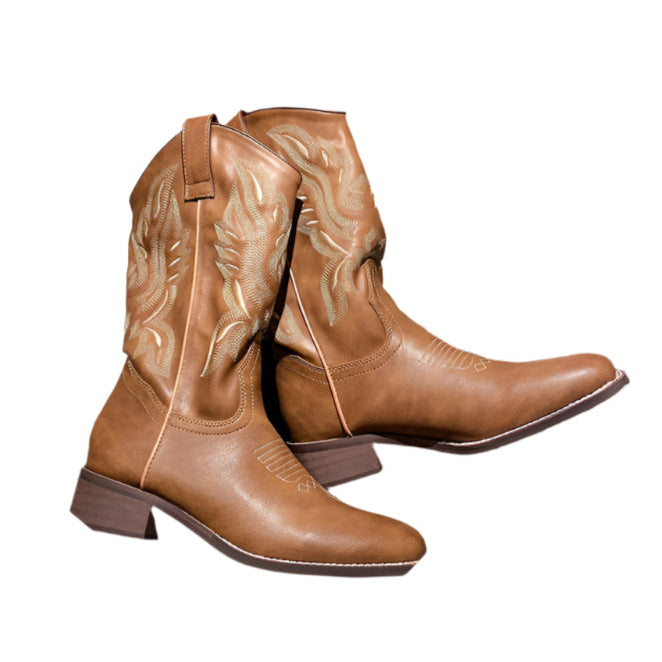 Chunky Heel Mid Calf Cowboy Boots