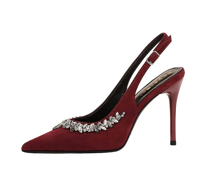 
                  
                    Pointed Toe Rhinestone Shallow Mouth Suede Heels
                  
                