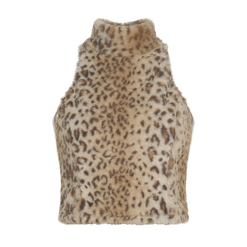 Mock Neck Leopard Print Furry Sleeveless Top