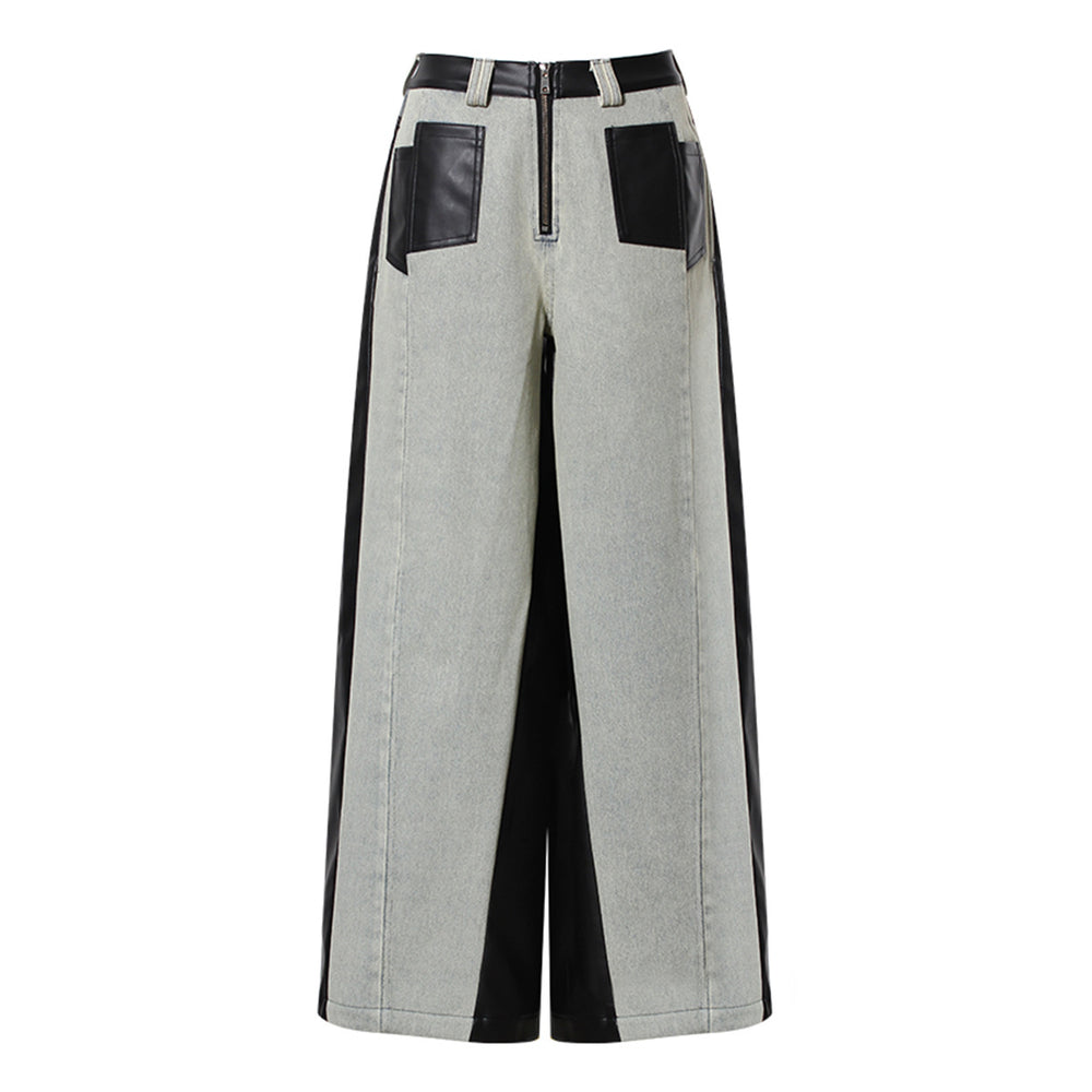 Ultra Wide Leg Faux Leather Patchwork Pants