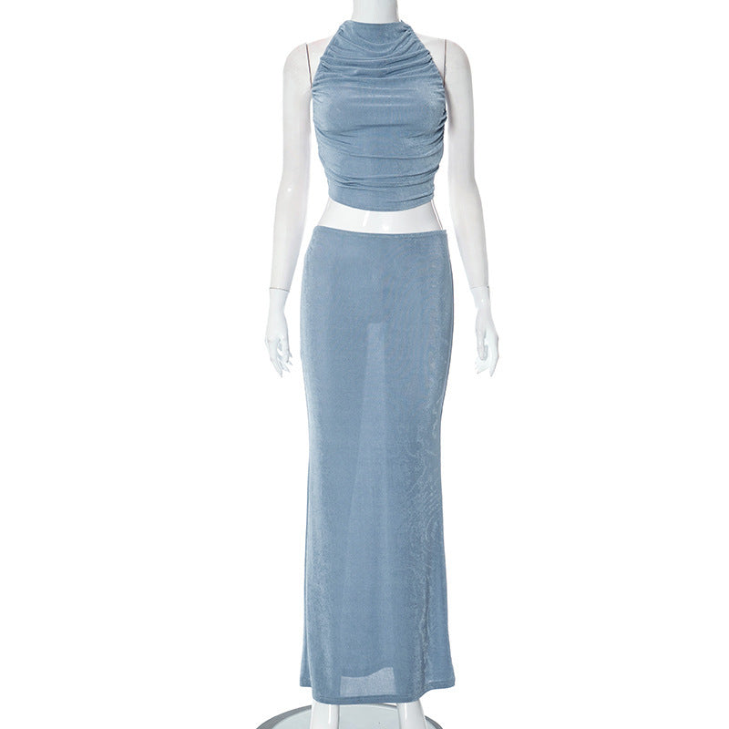 Draped Halter Top and Matching Skirt Set