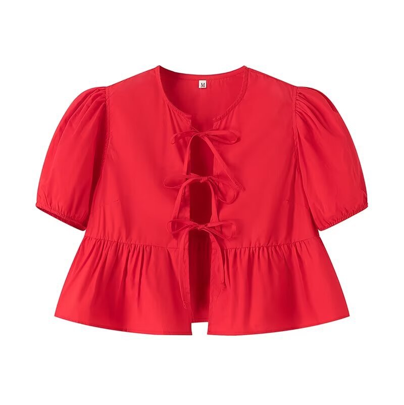 
                      
                        Puffy Short Sleeve Tied Front Open Blouse
                      
                    