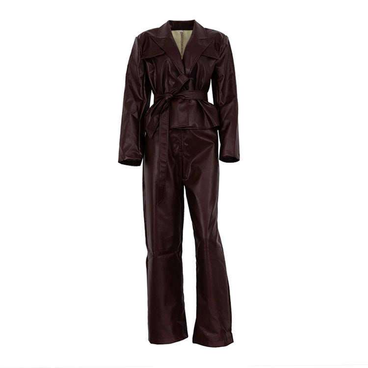 Faux Leather Belted Blazer and Pants Set