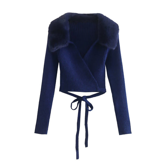 Faux Fur Collar Wrap Sweater