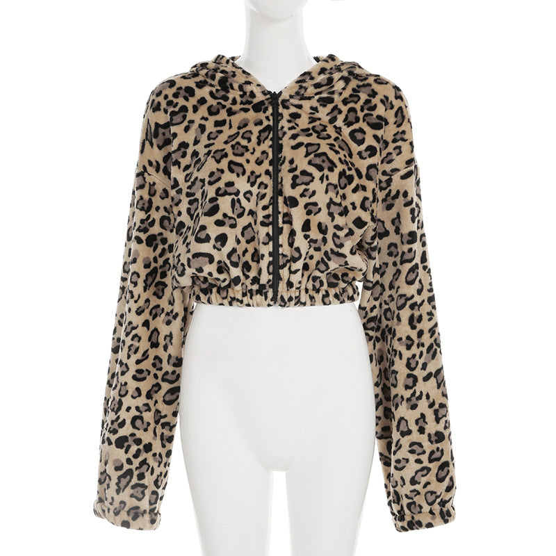 Cropped Animal Print Fleece Hoodie