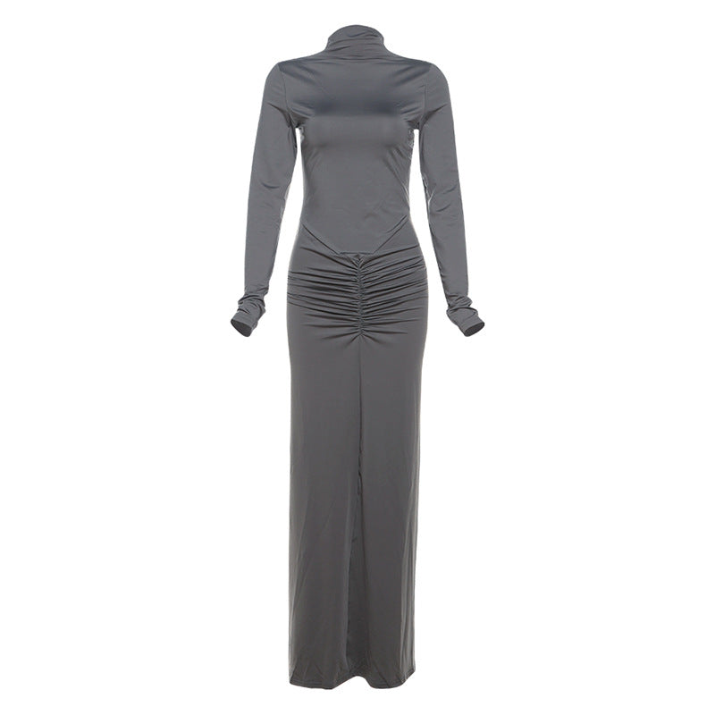 Long Sleeve Mock Neck Ruched Maxi Dress