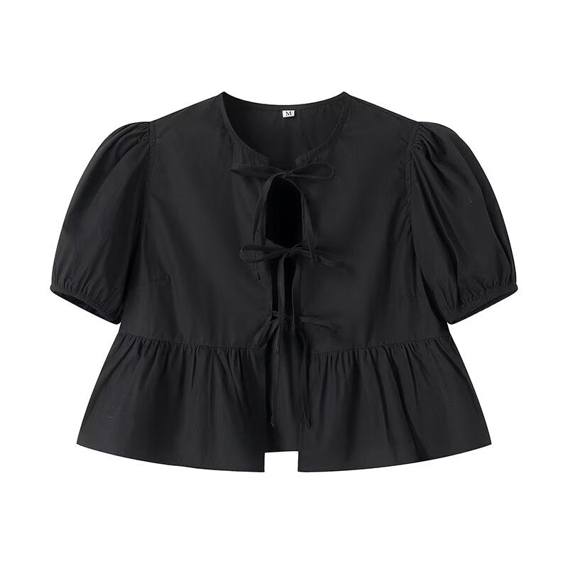 
                      
                        Puffy Short Sleeve Tied Front Open Blouse
                      
                    