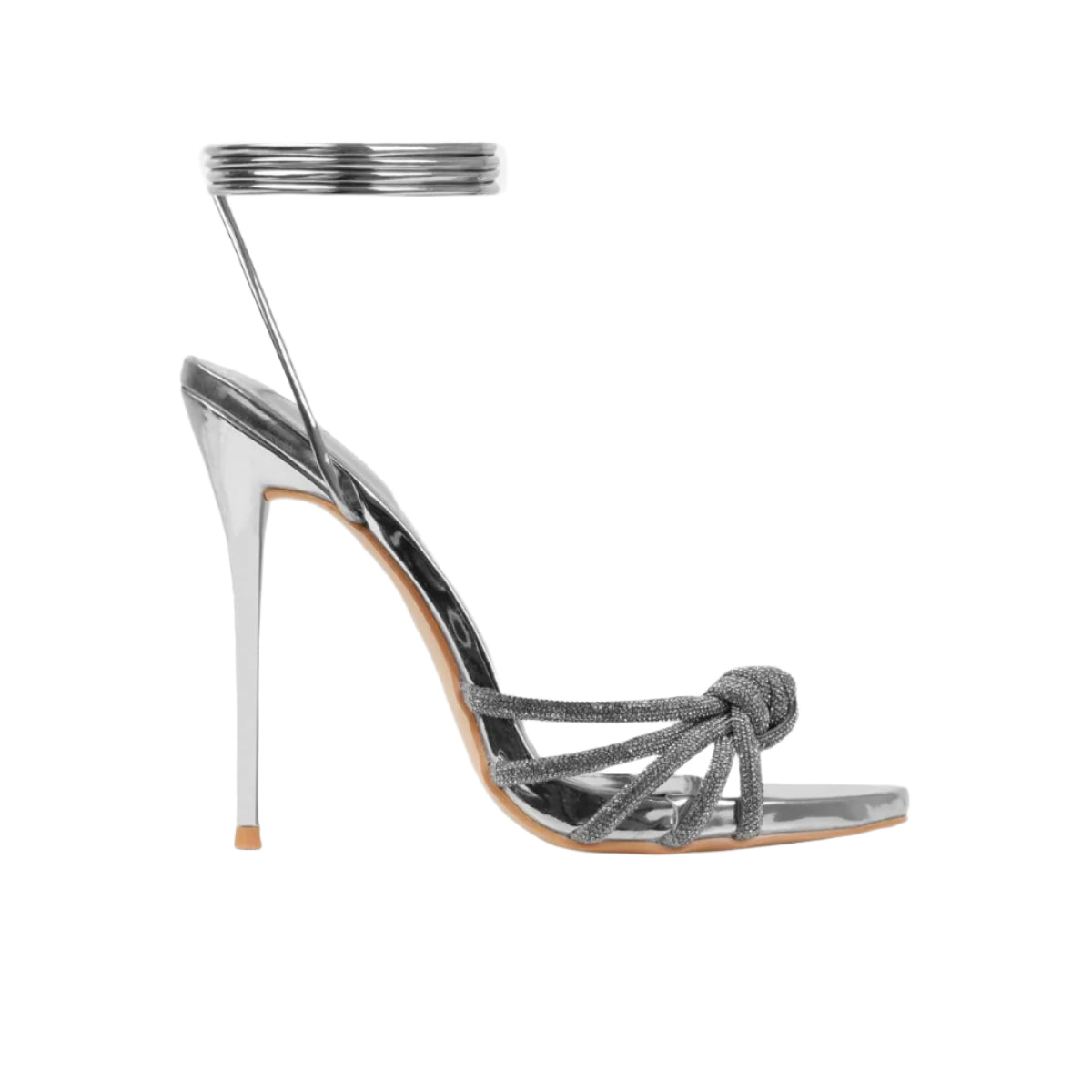 Rhinestone Knotted Strap Lace Up High Heels