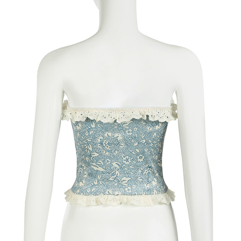 
                      
                        Strapless Vintage Print Lace Trim Top
                      
                    