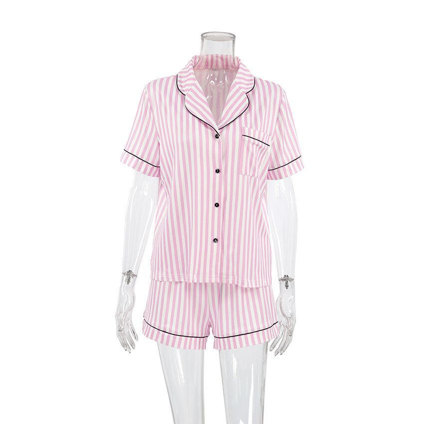 Pink and White Stripe Black Trim Pajama Set