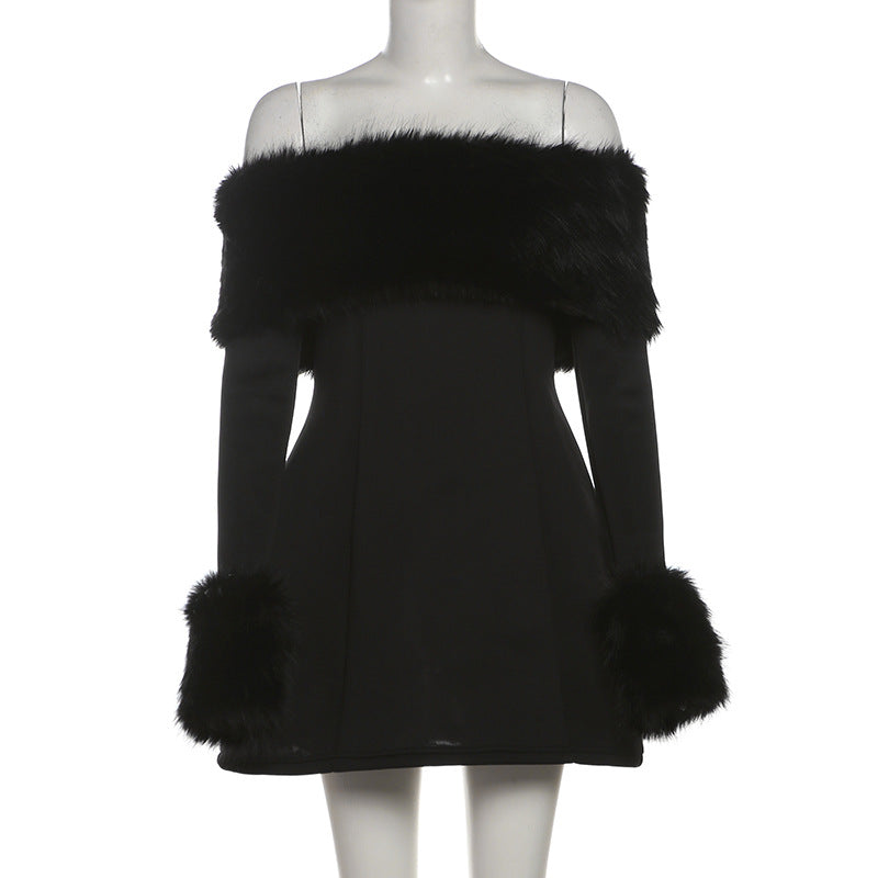 Off the Shoulder Fur Trim Mini Dress