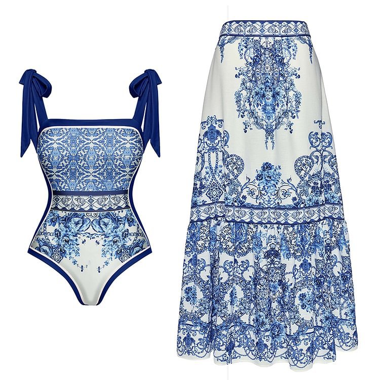 Porcelain Print One Piece Swimsuit and Skirt