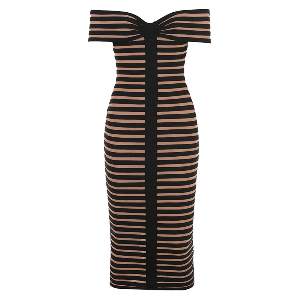 Off the Shoulder Striped Bandage Midi Dress