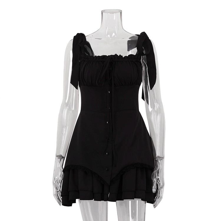 
                      
                        Tied Strap Ruffle Trim Mini Dress
                      
                    