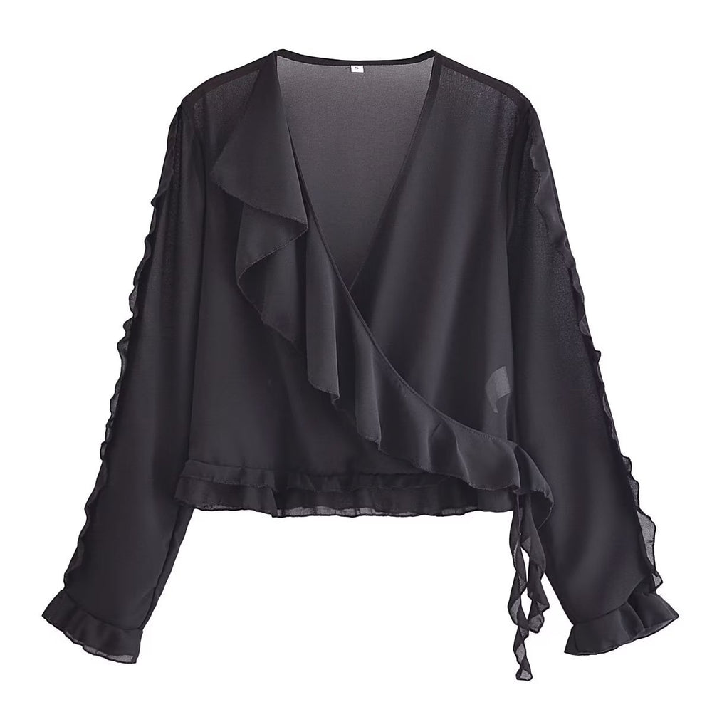 
                      
                        Ruffle Trim Wrap Sheer Blouse
                      
                    