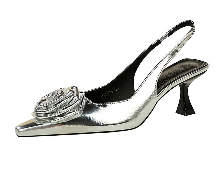 3-D Flower Pointy Toe Patent Leather High Heels