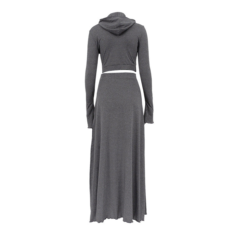 Long Sleeve Hooded Top and Slit Maxi Skirt