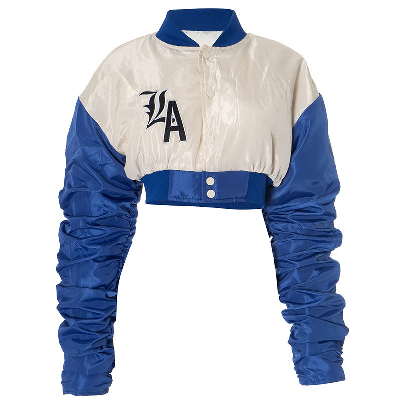 
                  
                    Cropped Ruched Sleeve LA Letterman Jacket
                  
                