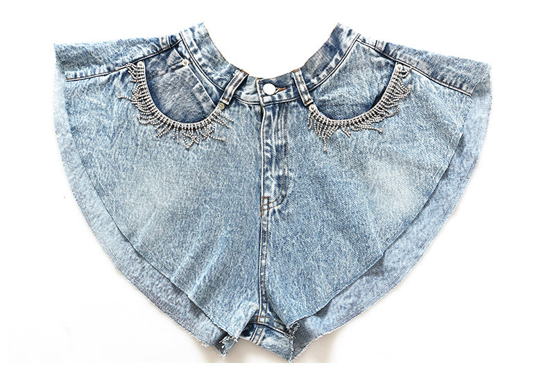 Rhinestone Trim High Waisted Flair Denim Shorts