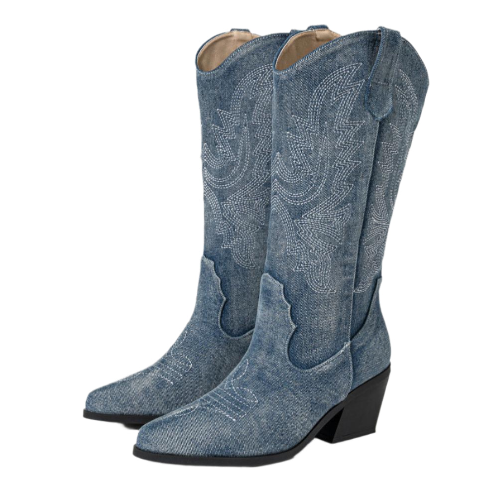 Denim Embroidered Cowboy Boots