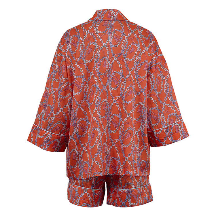 Print Three Quarter Length Sleeve Satin Top and Shorts Set