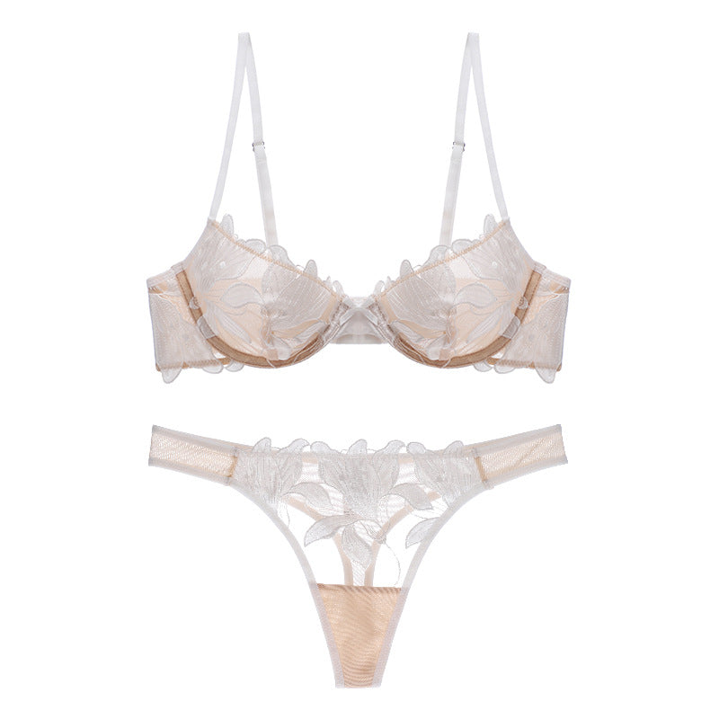 Embroidered Flower Mesh Bra and Panty Set