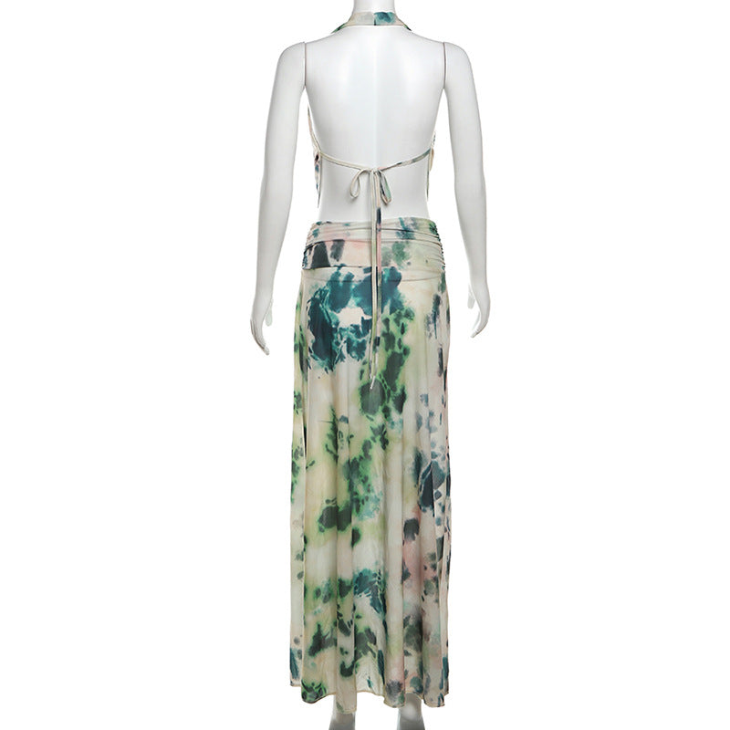 
                      
                        Deep V Tie Dye Print Top and Maxi Skirt Set
                      
                    