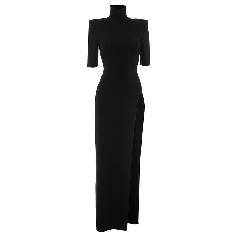 High Slit Short Sleeve Turtleneck Maxi Dress