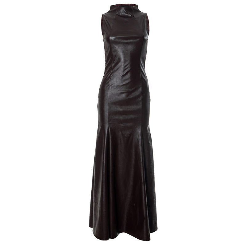 Mock Neck Fishtail Faux Leather Maxi Dress