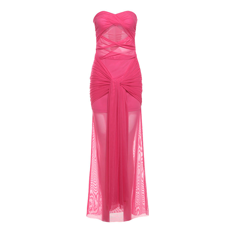 Strapless Cut Out Sheer Skirt Maxi Dress