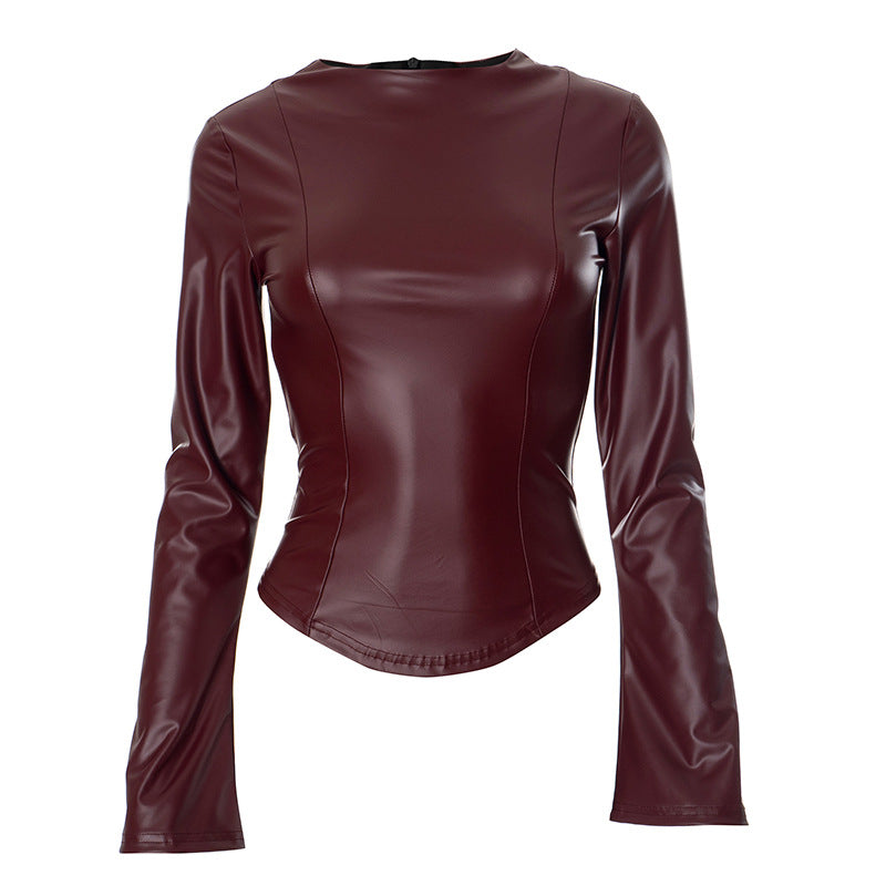 Long Sleeve Crew Neck Faux Leather Tee