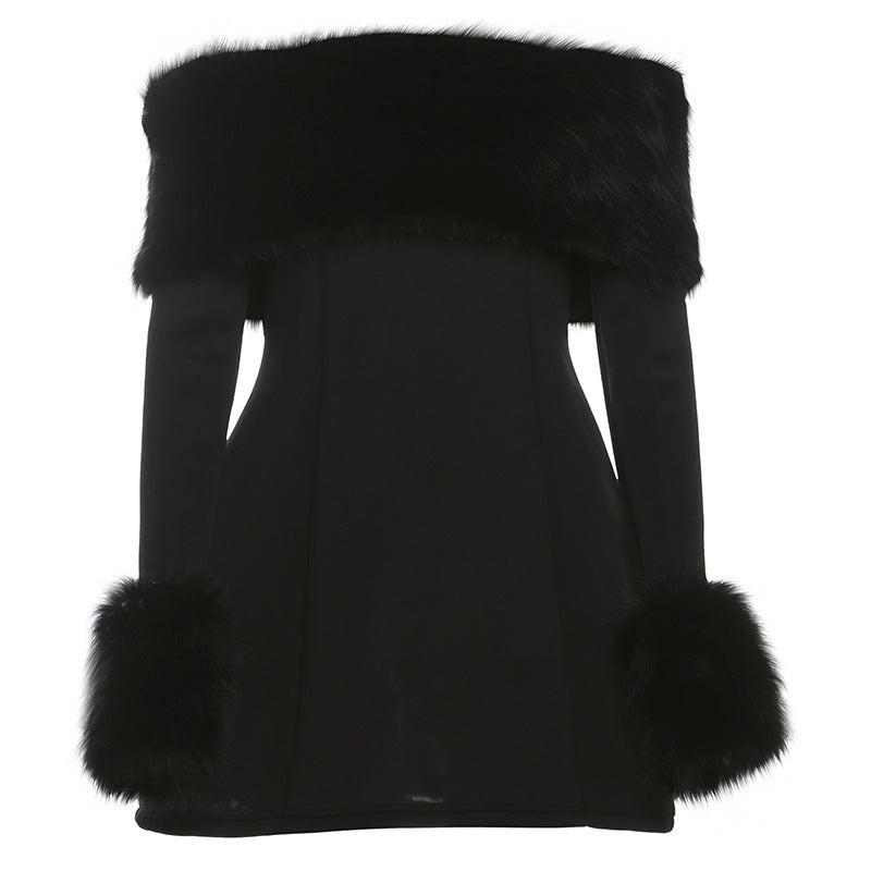 Off the Shoulder Fur Trim Mini Dress