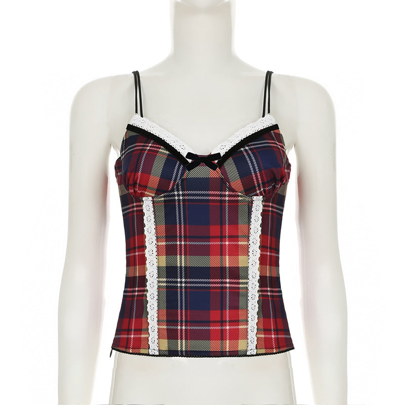 Spaghetti Strap Sweetheart Neckline Plaid Corset Top