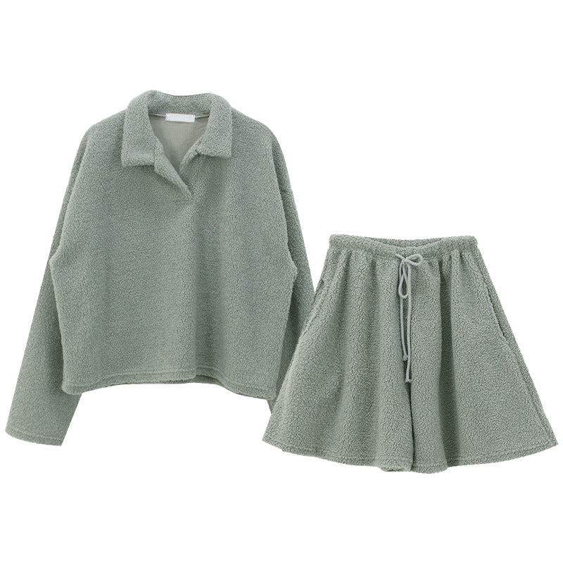 
                      
                        Fleece Long Sleeve Collared Top and Shorts Set
                      
                    