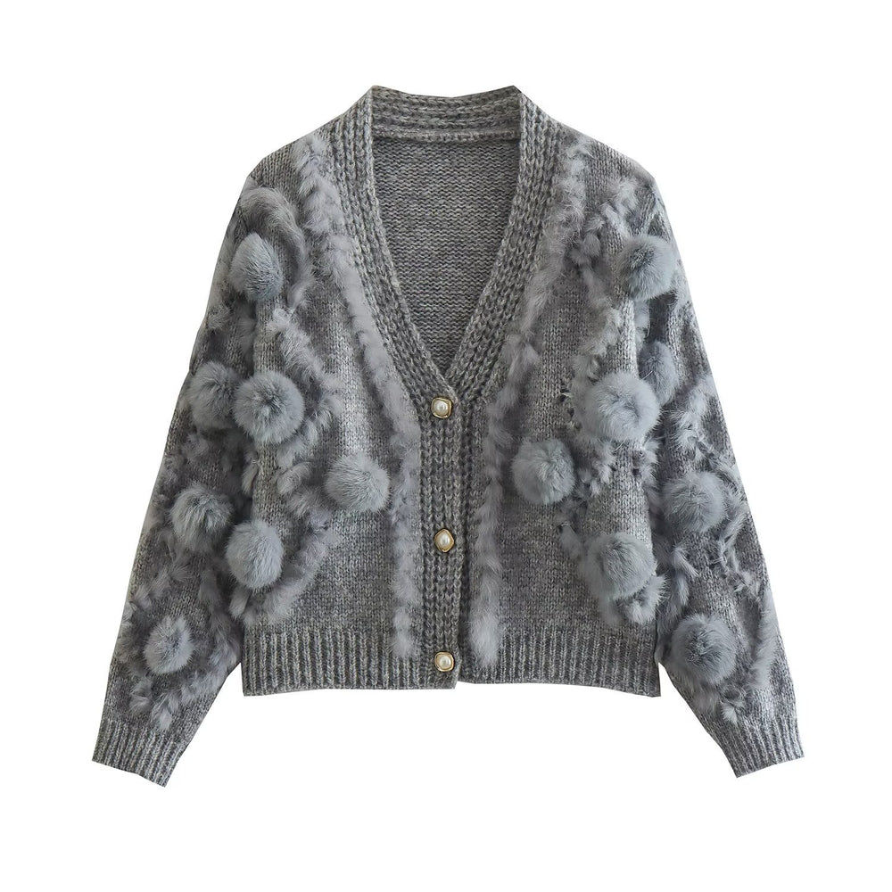 Three Dimensional Fur Ball Long Sleeved Knitted Cardigan