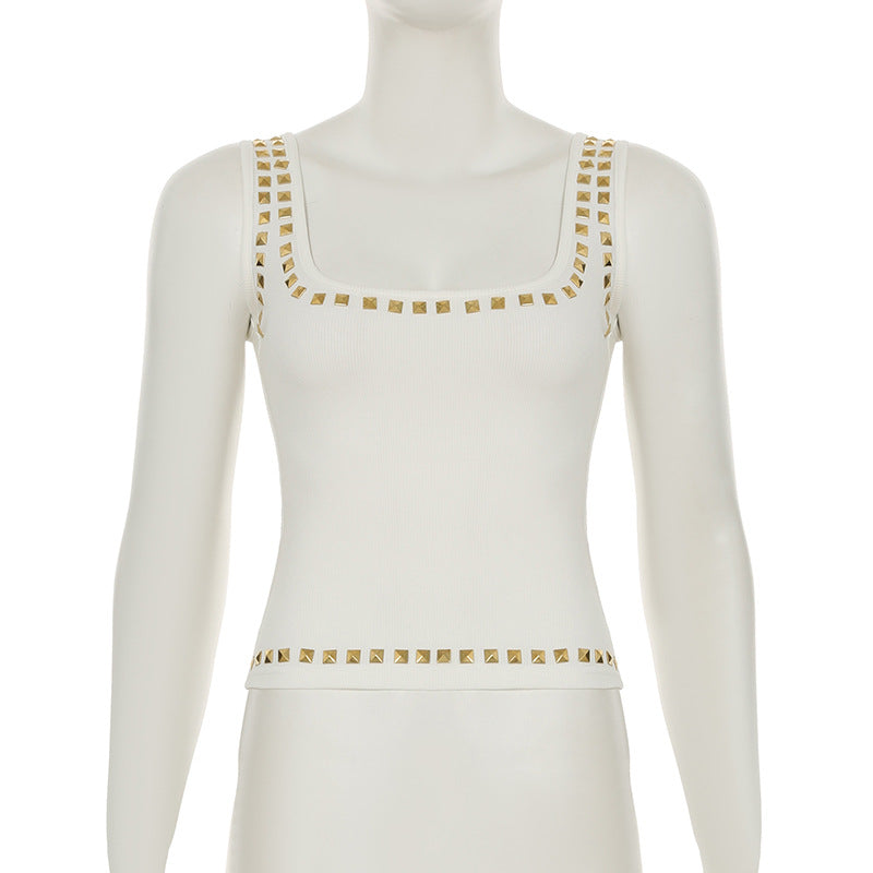 Studded Trim Square Neckline Tank Top
