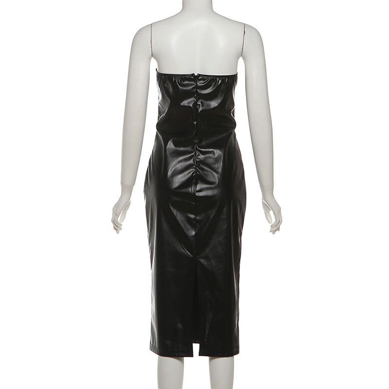 
                  
                    Strapless Deep Plunge Faux Leather Midi Dress
                  
                