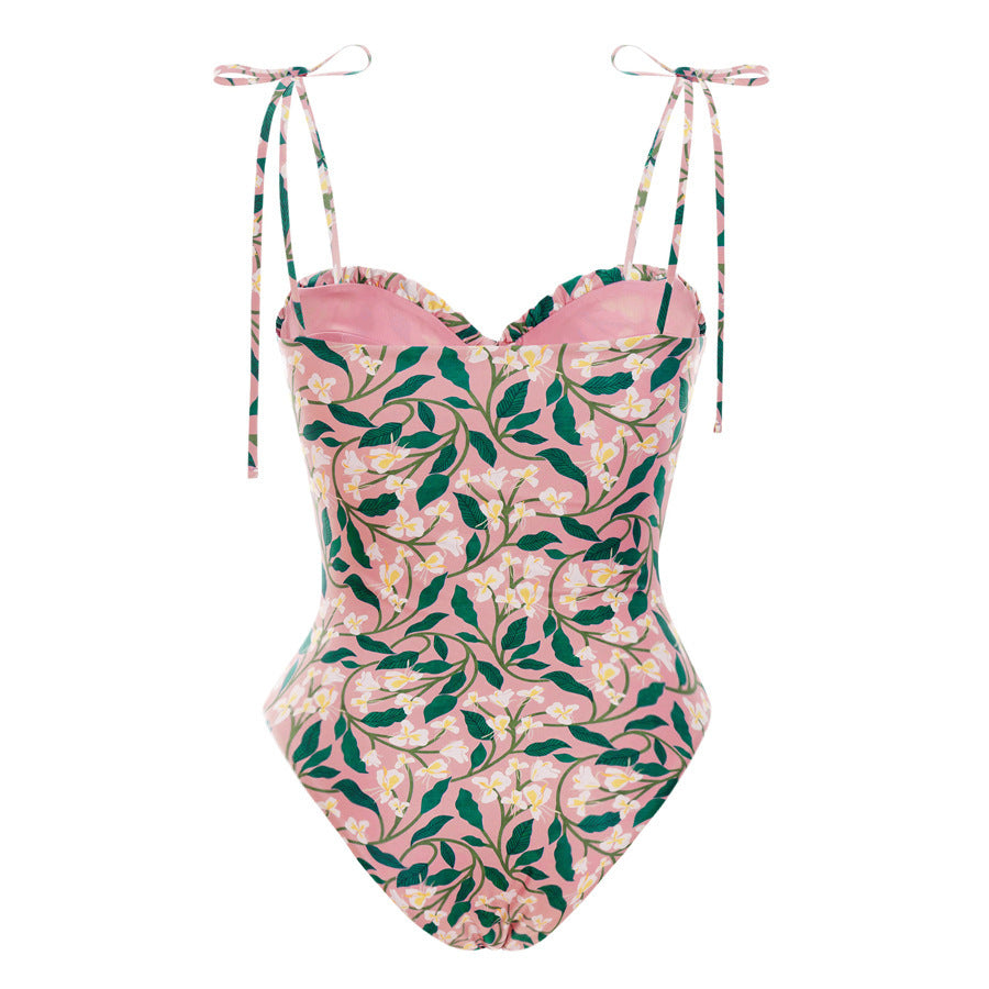 
                  
                    Floral Print Tied Strap Spaghetti Strap One Piece Swimsuit
                  
                