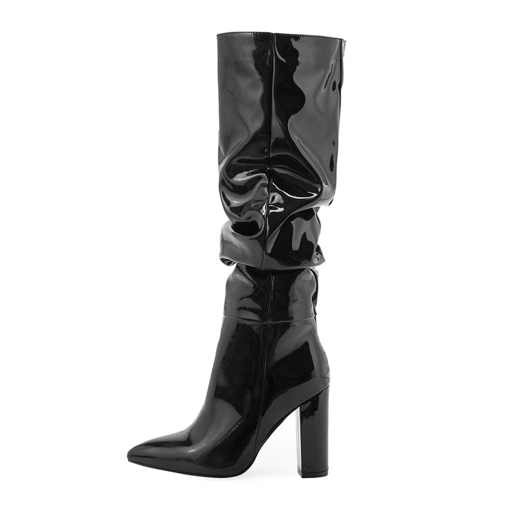 
                  
                    Patent Leather Pointed Toe Chunky High Heel Boots
                  
                