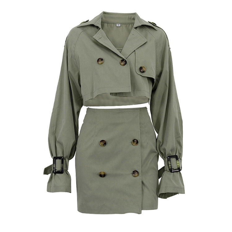 Double Breasted Trench Style Top and Skirt Set