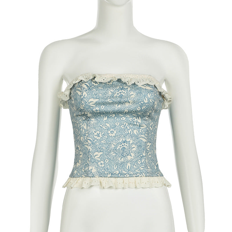 
                      
                        Strapless Vintage Print Lace Trim Top
                      
                    