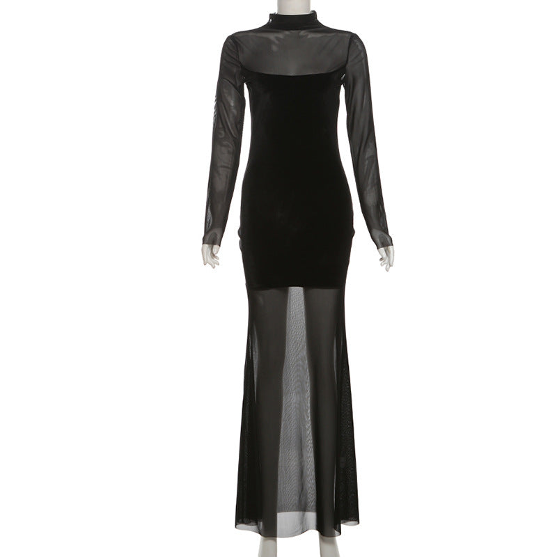 Sheer and Velvet Patchwork Full Length Dress