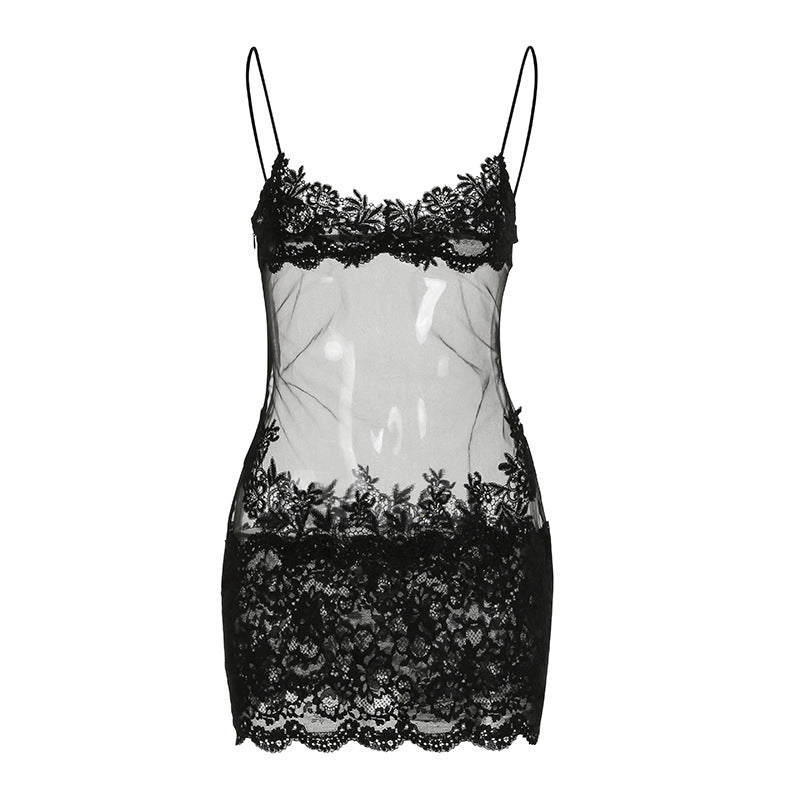 Mesh Lace Lace Spaghetti Strap Sheer Dress