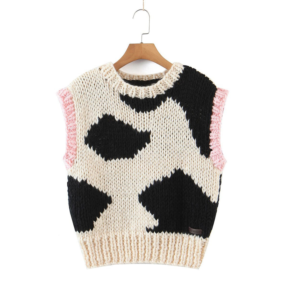 Pink Trim Cow Print Sleeveless Sweater